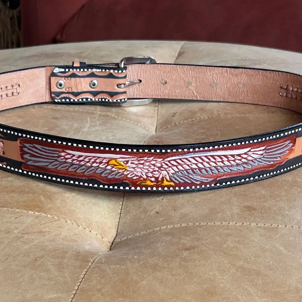 Hand Tooled Eagle Leather Belt Mens 36 Western Woven Cowboy Removable Buckle